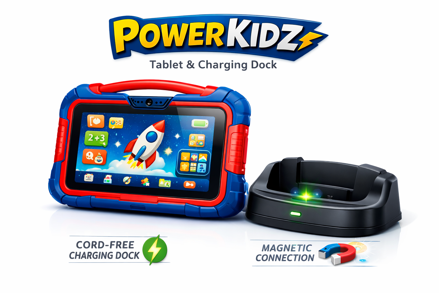PowerKidz tablet and charging dock with colorful display and text highlighting features.